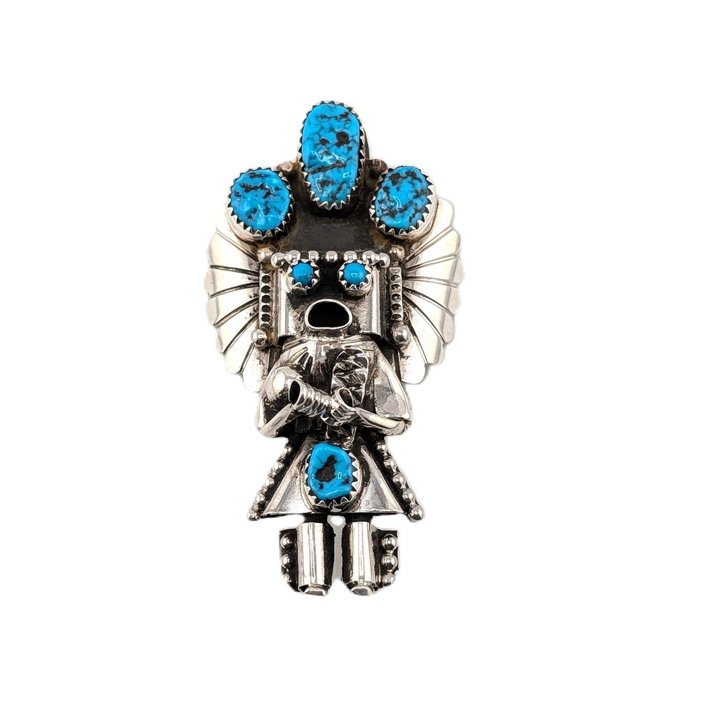 Navajo Kachina Pendant Brooch Pin Kingman Turquoise Matrix Signed Smallcanyon